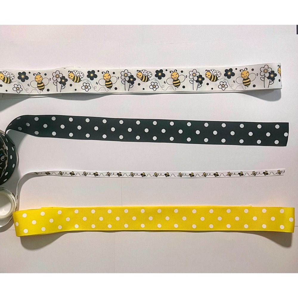 11 yards New Bumble Bee & Polka Dot Grosgrain Ribbon Set-Black,Yellow,White -New